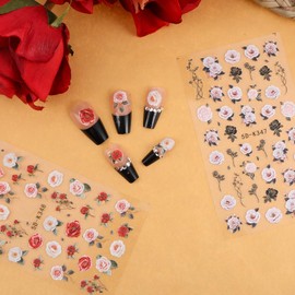 2 Pcs Rose Nail Stickers for Nail Art Embossed Flower 5D Nails Art Stickers Retro Self Adhesive Black and Red Roses Nails Decals for Women Valentine's Day Manicure Decoration