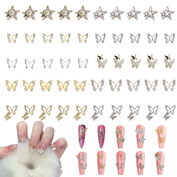 3D Butterfly Nail Charms,50PCS Mixed Shapes Butterfly Metal Nail Gems,Gold