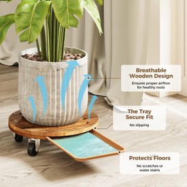 Bamworld Plant Caddy 12 Inch Wood Dolly with Drainage Tray 2 Pack