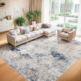 Area Rugs 9x12 Living Room - Modern Abstract Large Rugs for Living Room Non-Slip Low Pile Soft Machine Washable Carpet for Bedroom, Under Dining Table, Nursery, Farmhouse (9'x12' Beige Blue)