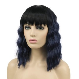 Lydell Mid-length Wavy Synthenic Ombre Wigs with Bangs for Wowen Girls Blue