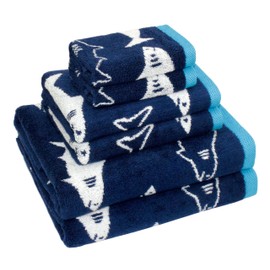 ORIGINAL KIDS 6 Piece Towel Set - Bath Time Shark Attack- 2 Bath Towels, 2 Hand Towels, 2 Washcloths in Bonus Tote Bag- 100% Cotton Jacquard Soft Absorbent Quick Dry Pool Beach Towel Gift - Navy Blue