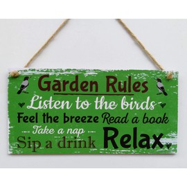 Meijiafei Garden Rules Sign-Listen to The Birds,Feel The Breeze,Read a Book,Take a Nap Relax Summer House Sign Garden Shed Plaque 5" x 10"