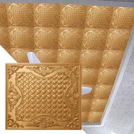 Dundee Deco Rustic Traditional Gold Glue Up or Lay in, PVC 3D Decorative Ceiling Panel, 2 ft X 2 ft (60cm X 60cm), 4 sq ft (0.37 sq m) Each