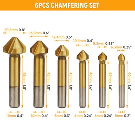Hoteche 6-Piece Set Countersink Set HSS Titanium Coated with 3 Cutting Blades for Metal and Wood with Diameters 6.3 mm - 20.5 mm and Shaft Diameter 5 mm - 10 mm Ideal for Precise Countersunk Drill