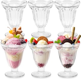 Nexboraque 6 Pack Glass Tulip Sundae Cups, 6.7 oz Cute Footed Dessert Bowls Clear Milkshakes Ice Cream Cups for Pudding, Sherbet Trifle, Fruit, Salad, Snack, Cocktail, Party
