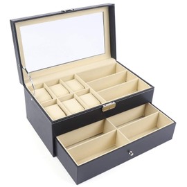 Sunglass Watch Organizer Box,Black PU Leather 6 Watch Box and 9 Piece Eyeglasses Storage Jewelry Case Collection Display Drawer with Lock,Transparent Lid Lockable Case, for Women Men Gifts