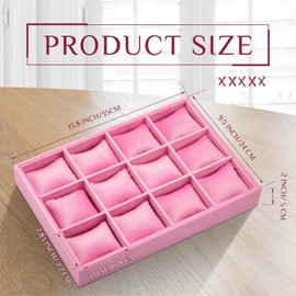 Henoyso 2 Pieces 12 Grid Velvet Watch Tray Jewelry Organizer Stackable Watch Bracelet Bangle Display Holder Adjustable Pillow(Pink)