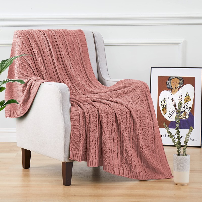 Aormenzy Dusty Pink Cable Knit Throw Blanket Oversized, 60" x