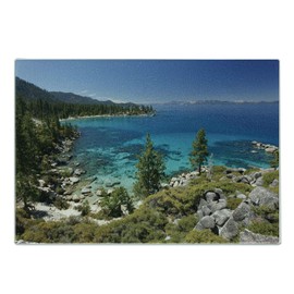 Ambesonne Lake Forest Cutting Board, Natural Scenery of Lake Tahoe Kayaking Shore Rocks, Decorative Tempered Glass Cutting and Serving Board, Small Size, Aqua Blue