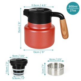 Belle Vous 800ML Thermal Coffee Carafe Jug - Stainless Steel Thermal Coffee & Tea Pot with Plastic Handle and Tea Infuser - Double-Walled Vacuum Insulated Coffee Flask for Hot & Cold Drinks (Red)
