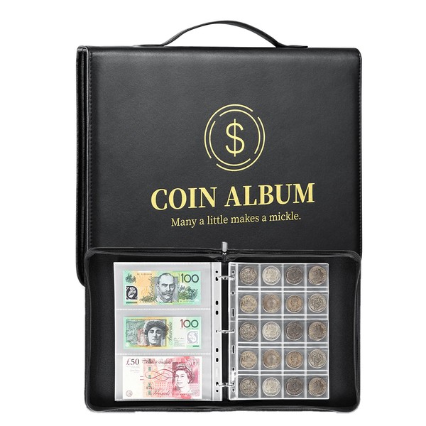 MUDOR Coin Collection Holder Album for Collectors, 310 Pockets Coin and Currency Collecting Binder Book with Zipper and Handle, Album Supplies