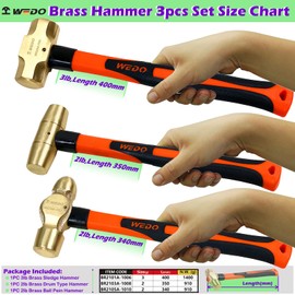 WEDO 3PCS Hammer Set,3lb Sledge Hammer,2lb Drum Type Hammer,2lb Ball Pein Hammer,Brass,Fiberglass Handle,Die-Forge,Corrosion Resistant