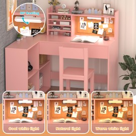 Kids Desk and Chair Set for 5-12 Year Old, 41" x 31" Pink Study Desk with 3-Color LED Lights, Adjustable Magnetic Lamp, Storage Drawers & Shelves, Bulletin Board, Corner Writing Desk for Boys Girls