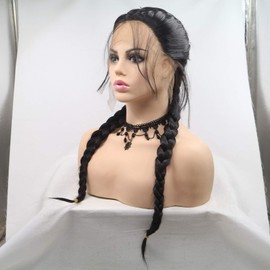 Xiweiya Black Double Braids Wigs Synthetic Braided Lace Front Wig with Baby Hair Wig Heat Resistant Fiber Middle Part synthetic lace front wigs Normal & Add Human Weaving Part (Normal)