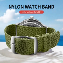ULLCHRO Unisex Perlon Nylon Bracelet with Stainless Steel Silver Buckle, Army Green