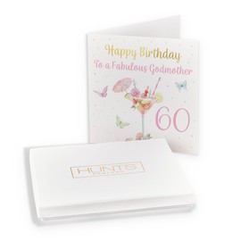 Hunts England - Boxed 60th Godmother Pink Cocktail And Butterflies Birthday Card - Gold Foil - Milo's - Age 60 Drinks, Flowers Birthday Card For Godmother - Age Sixty - Card In Keepsake Box