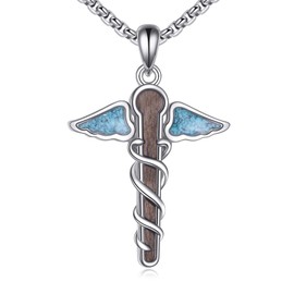 CUPENDA Cross Caduceus Necklace Sterling Silver Wooden Cross RN Stethoscope Pendant Necklace Turquoise Nurse Themed Jewelry for Women Doctor Medical Students