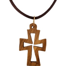 Cross in Cross Necklace - Flat, Wooden Cross Necklace for Men & Women, Certified Holy Land Olive Wood Orthodox Pendant Necklace from Bethlehem Israel, Christian & Catholic Religious Keepsake Gift