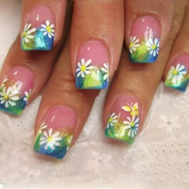 Flower Press on Nails Short Square Glue on Nails with Blue Green French Tips Design White Daisy False Nails Gold Glitter Stick on Nails Reusable Spring Summer Fake Nails for Women Girls Manicure 24Pcs