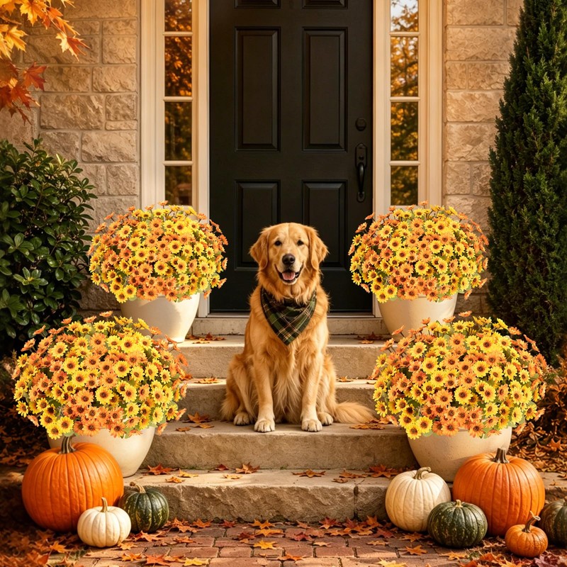 12 Bundles Artificial Fall Flowers, UV Resistant Faux Mums for