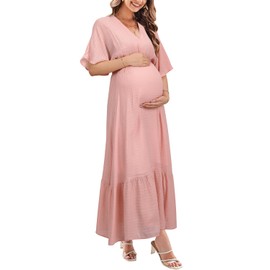STYLEWORD Womens Spring Maternity Maxi Summer Dress V Neck Short Sleeve Flowy Summer Clothes Wedding Guest Beach Long Dresses Fashion Outfits(Pink-L)
