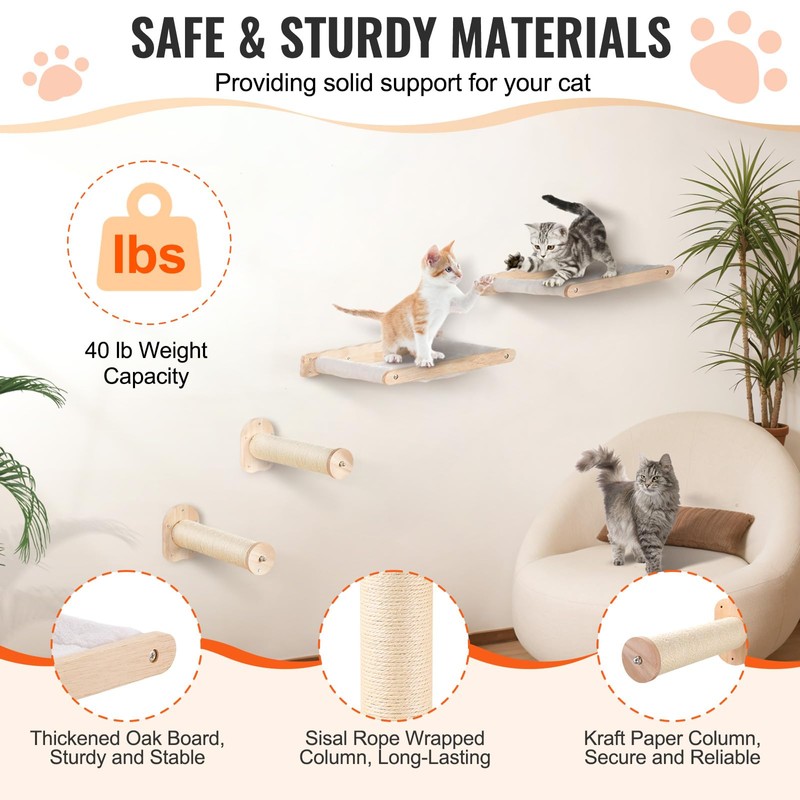 VEVOR Wall Mounted Cat Shelves, Perches with Jumping Posts &