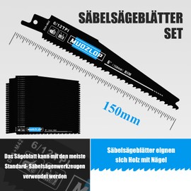 MUOZLOP 25 Pack 6 Inch Reciprocating Saw Blades Set, 6/12 TPI Saw Blades for Reciprocating Saw, for Wood/Metal Reciprocating Saw Blades (25, 6/12TPI 150 mm)