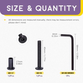 Swpeet 25Pcs M6x45mm Carbon Steel Black Hex Drive Socket Cap Bolts Barrel Nuts Assortment Kit with 1Pcs Allen Wrench, Screw Post Fit for Furniture Countsunk Belt Buckle Leather Binding Bolts