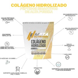Meta Nutrition, Colágeno Hidrolizado Grass Feed, a base de péptidos bioactivos de Alta Pureza, 500 g. Libre de rellenos. 50 servicios