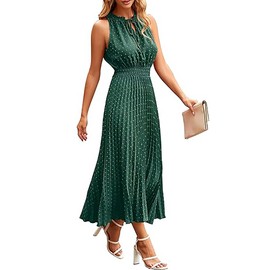 ONAYEYO Women's Summer Pleated Long Dress, V-Neck, Sleeveless, Dotted Swiss Summer Dress, Elegant, High-Waisted Evening Dress, Midi Dress, Casual, Plain Beach Dress, dark green