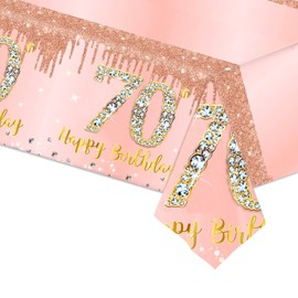 Rose Gold Happy 70th Birthday Table Cloth TableCover,137 * 274cm 70th Birthday Decorations for Womens,Large Plastic Tablecloth for Women,Lady,Her 70th Birthday Party Table Supplies Decoration