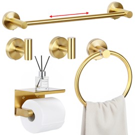 5 Pieces Gold Bathroom Accessories Set - 25.6 inch Towel Bar, Toilet Paper Holder, Towel Rack and Coat Hook, SUS304 Stainless Steel Bathroom Hardware Set, Wall Mounted Bathroom Decor and Accessories