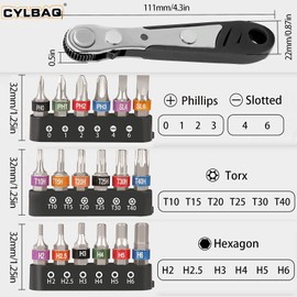CYLBAQ Magnetic Ratchet Wrench, 110 mm 1/4 Inch Ratchet Reversible Screwdriver, Pack of 19 Various Screwdriver Bits, Mini Ratchet Wrench for Gadgets, Cars, Homes, Machines