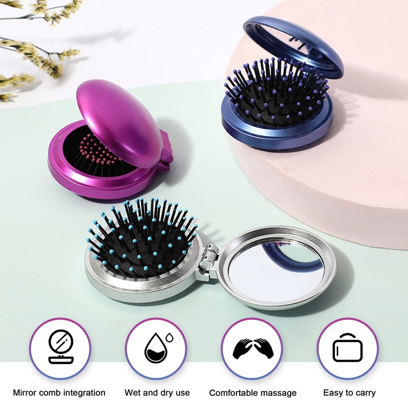 1st Choice Folding Hair Brush with Mirror,Round Mini Compact Massage