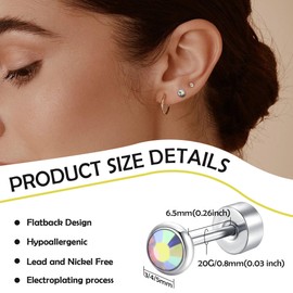 Artskin Women's Stud Earrings Titanium Girls Women Flatback Earrings Hypoallergenic Crystal Men's Earrings Silver Cartilage Earring 3 mm/4 mm/5 mm, Titanium, Aquamarine