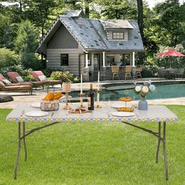 Elastic Vinyl Fitted Tablecloth for 6 Ft Folding Table, 30" x 72" Rectangle Flannel Backing Table Cover, Waterproof Wipeable Table Cloth for Indoor Outdoor Picnic Parties, Yellow Blue Pattern