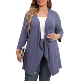 TIANZHU Women's Plus Size Sheer Cardigan Sweater Lightweight Wrap Kimono Open Front 3/4 Sleeve Drape Duster Purple Grey 4X