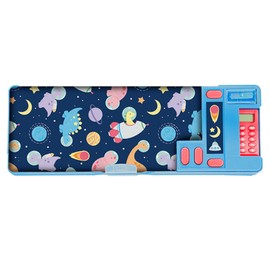 Pencil Case for Kids - Includes Calculator, Sharpener, Class Timetable & Stickers, 2 Large Compartments | Assorted Designs: Unicorns, Fairies, Space Dinosaurs, Transport (Space Dinosaurs)