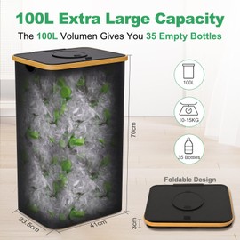 HOTOIQ Recycling Bin for Kitchen 26 Gallon,Recycle Bin 100L with 2 Removeable and Reusable Inner Bag,Indoor Recycling Bin with Lid for Bottles Cans Glass Plastice Cartons(Black)