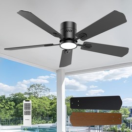 DAMINY 52 inch 5 Blades Black Ceiling Fans with Lights,Flush Mount,6CCT, Low Profile Ceiling Fan with Light and Remote Control,DC Motor,Ceiling Fan for Bedroom, Kitchen,Living Room,Indoor/Outdoor Use