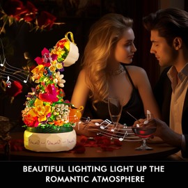 HOGOKIDS Flowers Music Box Building Block Kit with Light- 571PCS Botanical Collection Rotating Music Box Building Blocks Set | Valentine's Day, Birthday Gift for Girls Boys Couples Adults Kids Ages 6+