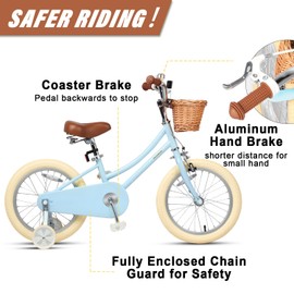 Petimini 16 Inch Little Kids Bike for Age 4 5 6 7 Years Old Girls Retro Vintage Style Bicycles with Basket Training Wheels and Bell, Blue