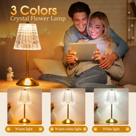 Nusogon Cordless Lamp,Touch Dimmable Crystal Lamp 3 Colors,Portable LED Gold Lamp,Rechargeable Small Lamp,Battery Operated Lamp Vintage Lamp for Bedroom Living Room Restaurant Outdoor Indoor(Gold)