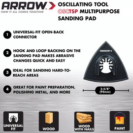 Arrow OSCTSP-1 Multipurpose Sanding Pad for Oscillating Tools for Wood, Paint, and Varnish, Universal, Fits Most Multitools, 3-5/8 Inch