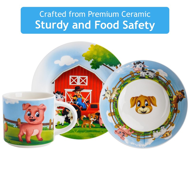 MIAMIO Kids' Farm Dinnerware Set - 3 Pieces, Ceramic, Includes