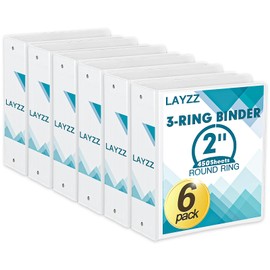 3 Ring Binder, KAMOTA 6 Pack 2 Inch Binders 3 Ring with 2 Pockets, Round Ring Binders, Clear Cover Binders for Letter Size 8.5"x11" Paper, PVC Free, Suitable for School Home and Office (White)