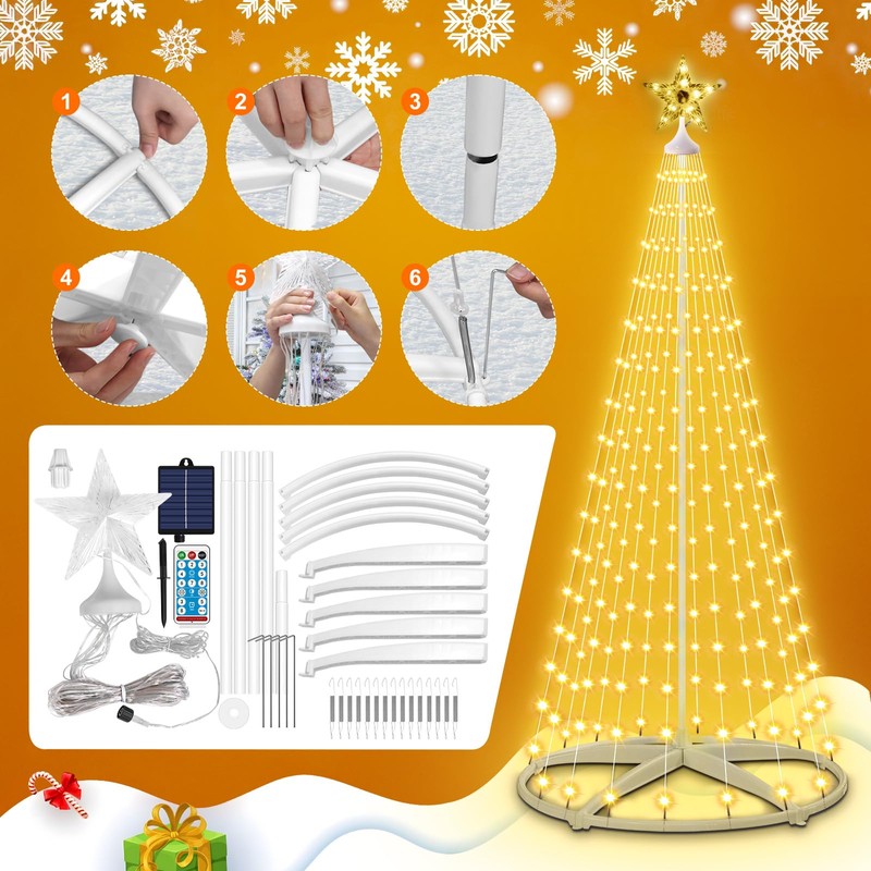 AMIPEPE 6ft Solar Christmas Tree Lights Outdoor, 250 LEDs Remote