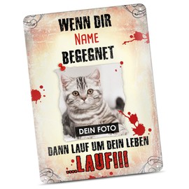 PR Print Royal Tin Sign Yourself Design with Cat Photo, Name & Saying - Lauf um Dein Leben - Gift Idea for Cat Owners / Door Sign / Cat Sign - Portrait Format Sign A4