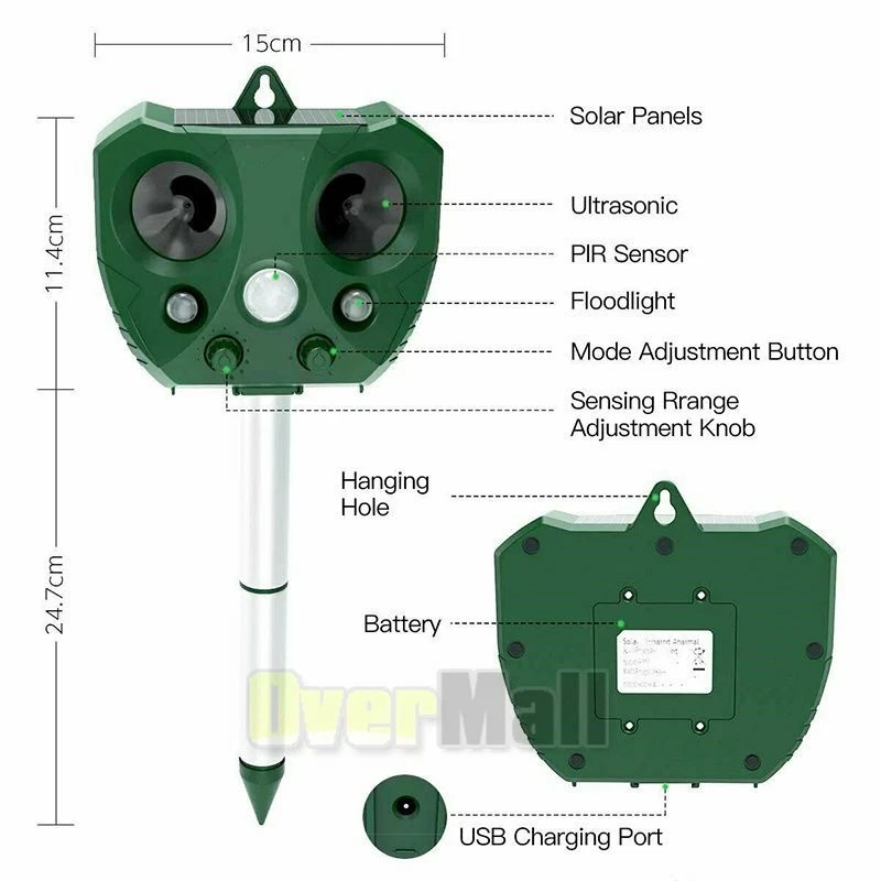 Ultrasonic Solar Animal Repeller 5 Modes with Motion Sensor Flashing